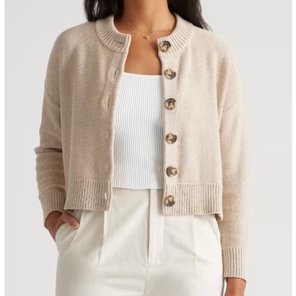 Quince Sweaters - Quince 100% Organic Cotton Cropped Cardigan Womens Sz L Cement Tan Minimalist